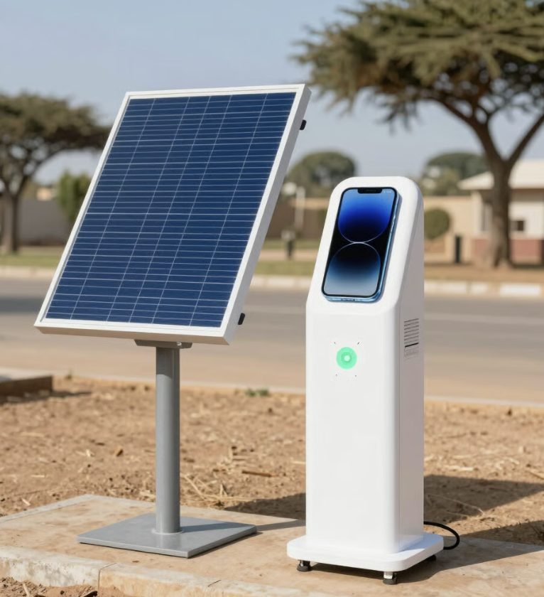 A NaijaCharge solar charging unit beside its solar panel