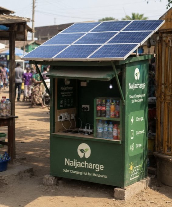 A green NaijaCharge solar charging hut in a busy market